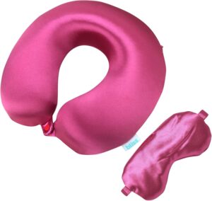 Bliss Neck Pillow Set - Lightweight U-Shaped Memory Foam Satin Travel Neck Pillow with Snap Closure and Matching Eye Mask for Airplane, Car, Office, and Camping, Size One Size, Magenta